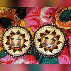 Native American Beaded Powwow Earrings. Navajo Basket Design.